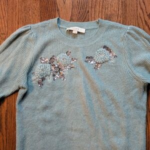 LOFT Women's Teal Sweater with Sequin Floral Details
